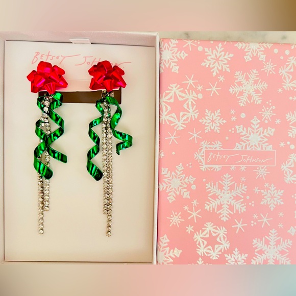 New BETSEY JOHNSON Gift Bow Crystal Dangle Earrings - Picture 10 of 11